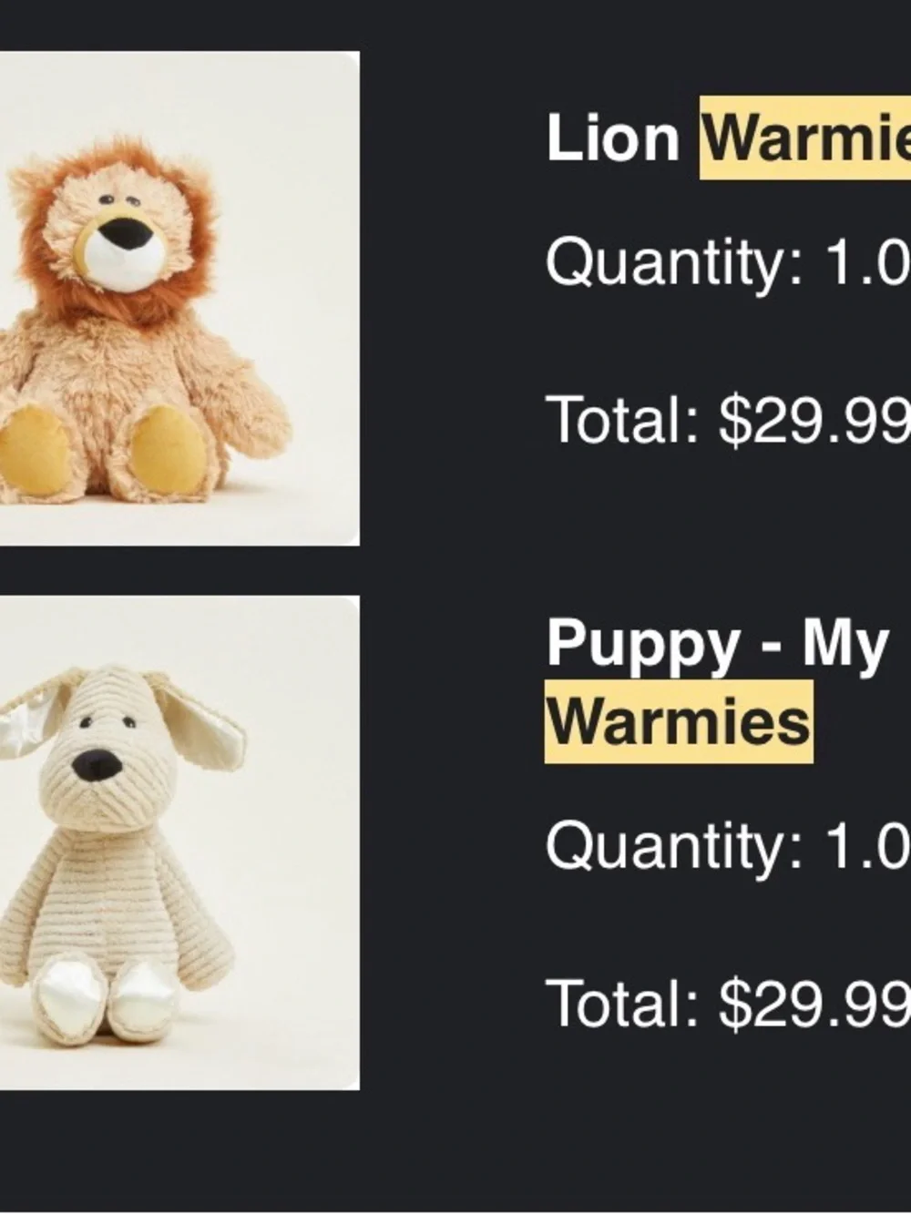 Warmies puppy & lion